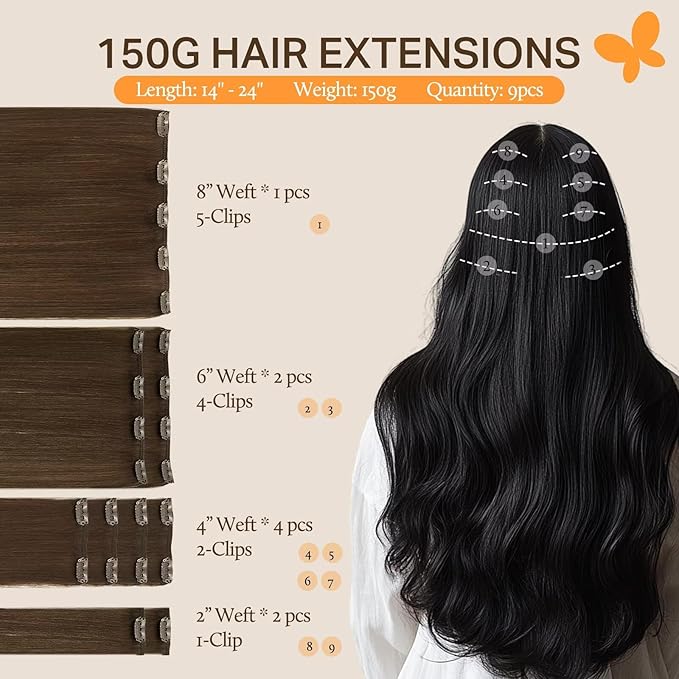 DOORES Hair Extensions Clip in, Chocolate Brown 150g 9pcs 14 Inch, Clip in Human Hair Extensions Remy Hair Extensions Clip in Human Hair Silky Straight Real Natural Human Hair Extensions
