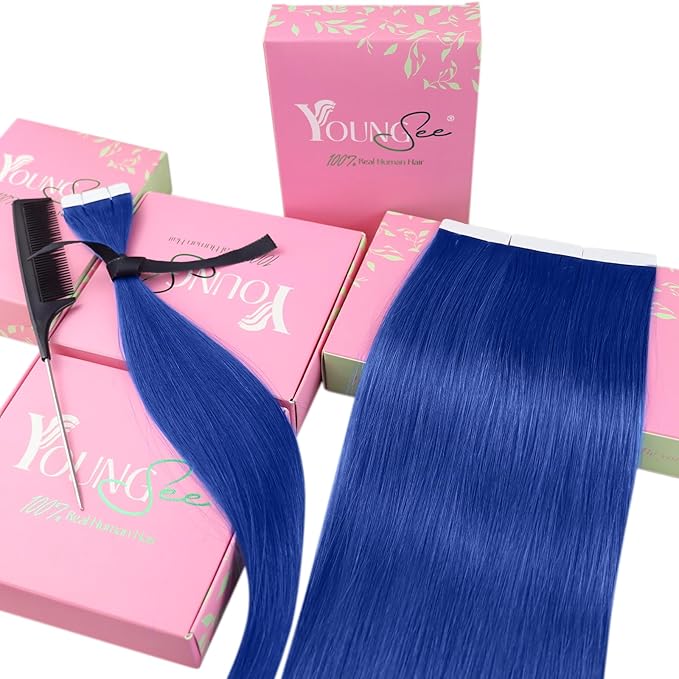 YoungSee Tape in Hair Extensions Real Human Hair Blue Invisible Tape in Human Hair Extensions Blue 14 Inch Seamless Tapes Hair-Extensions Colored 10pcs 25g Prom Night Hair Extension