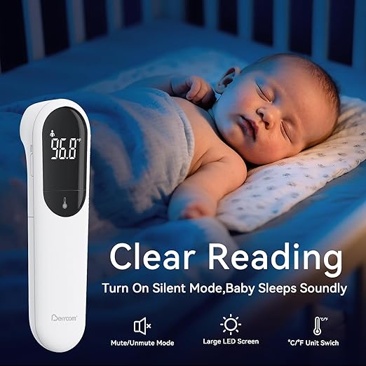 Berrcom No-Touch Forehead Thermometer for Adults, Kids, and Babies, Digital Infrared Medical Thermometers with Fever Alarm, LED Display, Dual Probe Technology
