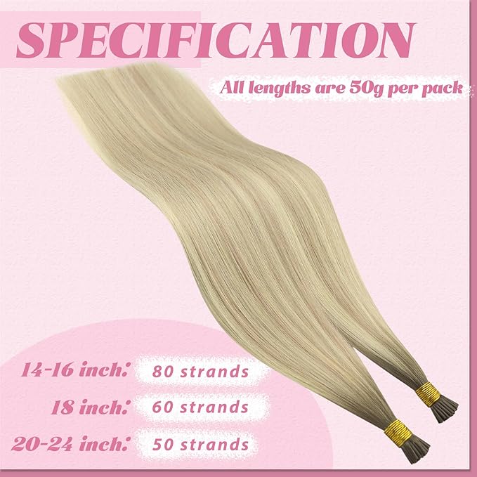 YoungSee Itip Hair Extensions Real Human Hair Ombre I Tip Hair Extensions Human Hair Ash Blonde to Platinum Blond Balayage I Tip Hair Extension 20 Inch 50g 50s Pre Bonded Hair Extension