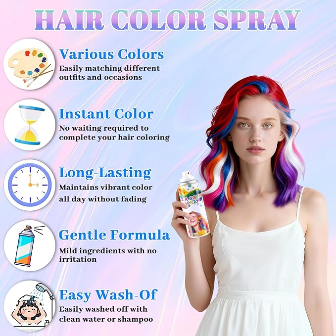 6 Pcs Temporary Hair Color Spray,Non-Stick Hairspray for Kids Girls Women Men,One-day Washable Hair Dye Spray for Party Halloween Cosplay DIY Christmas. (Red&Blue&Purple&Pink&Orange&White)