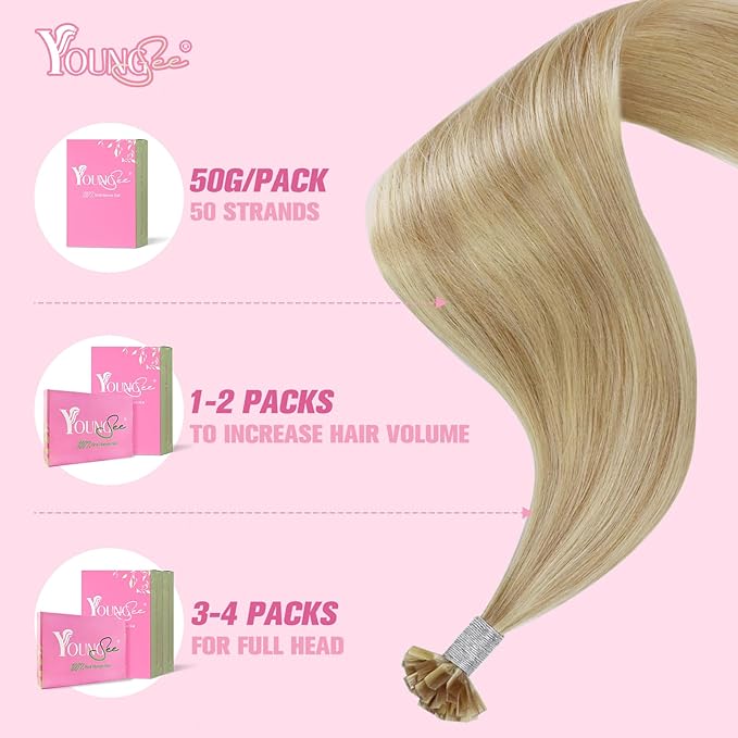 YoungSee K Tip Hair Extensions Human Hair Blonde Highlight Ktip Human Hair Extensions Golden Blonde Highlight 18inch 50s/50g