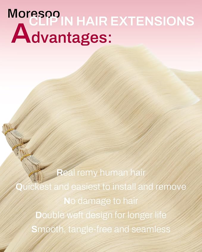 Moresoo Clip in Hair Extensions Real Human Hair Double Weft Human Hair Clip in Extensions Straight Golden Platinum Blonde #60 5pcs 80g 18inch