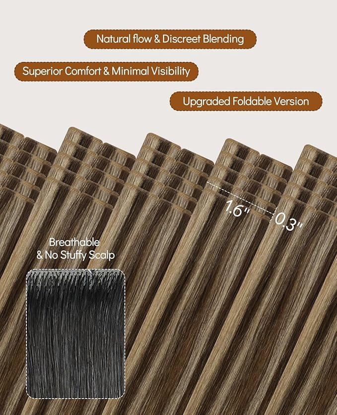 VINBAO Invisible Tape in Extensions Human Hair 50g 18in 20pcs Chocolate Brown Highlights Dark Blonde Seamless Injected Tape Ins Extensiones De Cabello 18inch #4P27