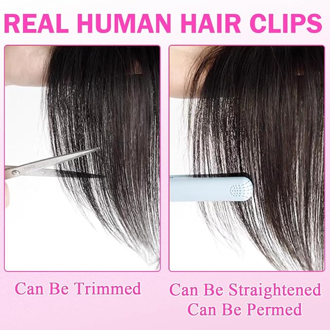 Hair Toppers For Women Real Human Hair 360° 3D Cover Human Hair Topper with Bangs Wispy Bangs Extensions Clip in Bangs for Daily Wear Natural Black