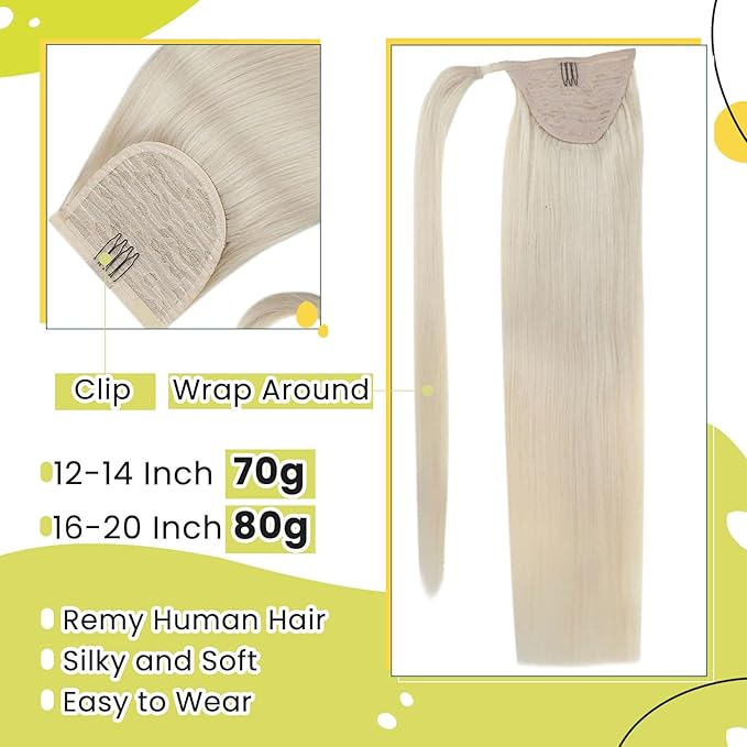 RUNATURE Blonde Ponytail Extension Human Hair, Real Hair Ponytail Extension, Human Hair Ponytail Wrap Around, Straight Remy Hair, Natural Looking For Daily Wearing, 18 Inch 80g #800 Platinum Blonde
