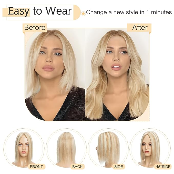 SEGO Human Hair Toppers for Women With Thinning Hair, 7 * 13CM Silk Base 100% Real Human Hair Clip in Top Wiglet Hairpieces -8 Inch No Bangs Golden Brown&Bleach Blonde