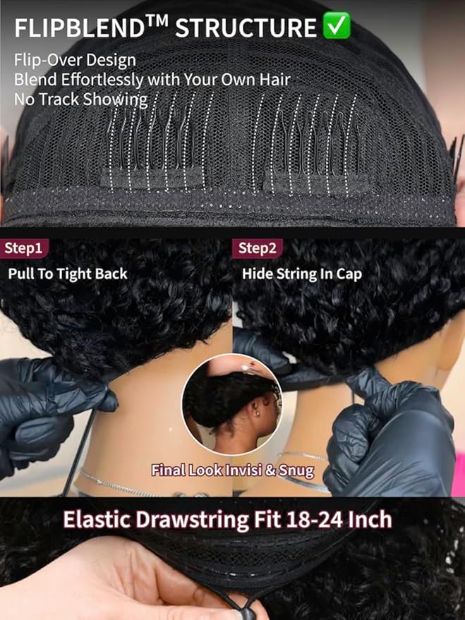 KLAIYI Water Wave 3 In 1 Flip Over 3/4 Half Wig Human Hair Curly Flip Over Seamless Blend Edges Glueless Wear and Go Drawstring Headband Clip In Wigs for Women Ready to Go Wig Beginner Friendly 16Inch