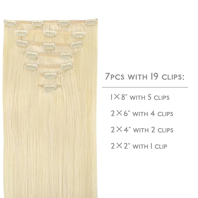 WENNALIFE Clip in Hair Extensions Real Human Hair, 24 Inch 120g 7pcs Human Hair Extensions Clip In Human Hair, Bleach Blonde Hair Extensions Clip In Real Hair Coloured Remy Human Hair Extensions