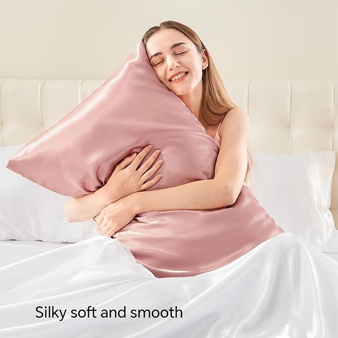 BEDELITE Satin Pillowcase with Zipper 2 Pack, Rose Pink Pillow Cases Standard Size, Super Soft and Cooling Similar to Silk Pillow Cases, Gift for Women Men(20x26 Inches)