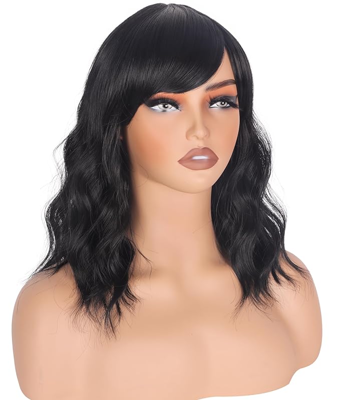 Shoulder Length Natural Black Wavy Bob Wigs For Women Short Wavy Wigs With Bangs Synthetic Wavy Wigs Heat Resistant Daily Use Wigs(Natural Black)