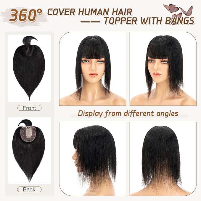 Rich Choices Real Human Hair Toppers for Women With Bang 100% Remy Human Hair Topper for Thinning Hair Clip in Silk Base Hair Topper 14 Inch #1 Jet Black
