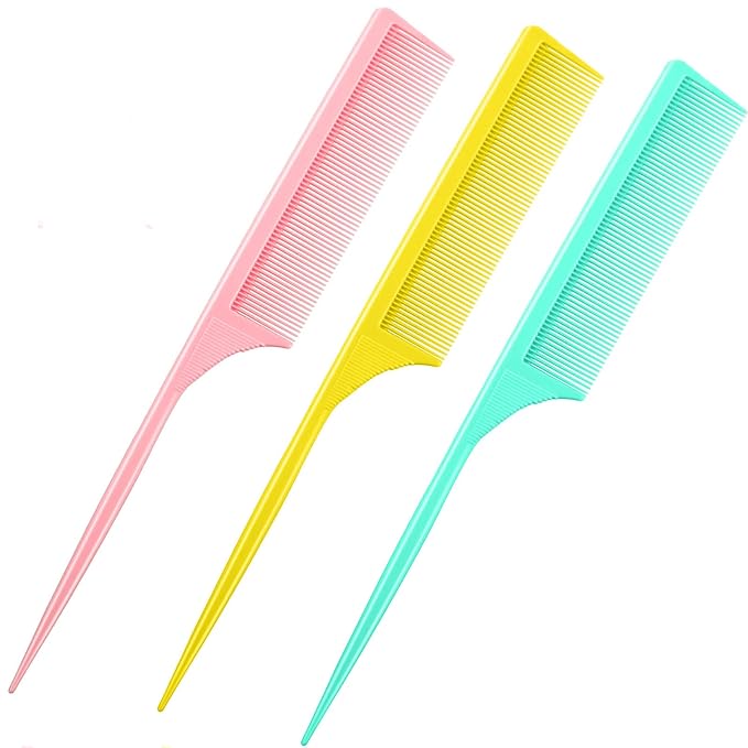 Leinuosen 3 Pack Rat Tail Combs Fine Tooth Parting Tip for Women Carbon Fiber Heat Resistant Anti Static Teasing for Back Combing Root Teasing Adding Volume Evening Styling(Pink, Yellow, Green)