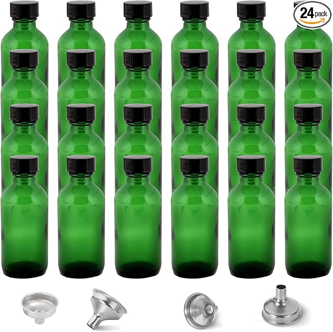 DIDITIME 2 oz Shot Bottles with Caps & Stainless Steel Funnels, Juicing Bottle Reusable Glass, 60ml Small Jars with Lids for Potion, Ginger Shots, Oils, Juice (olive green, 24-pack)