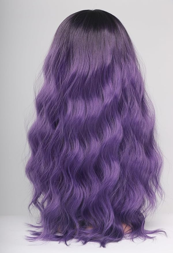 Purple Hair Wavy Wigs With Bangs For Women Synthetic Purple Wigs For Daily Use Everyday Wear.
