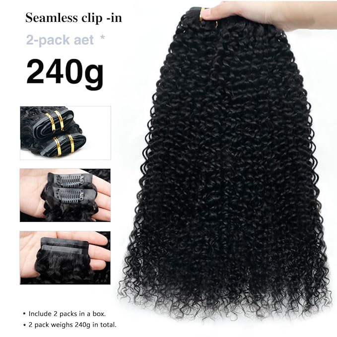 Curly Clip in Hair Extensions Real Human Hair 2 Pack 240g Seamless Clip in Hair Extensions for Women Full Max with 16Pcs PU Skin Weft 18inch Natural Black