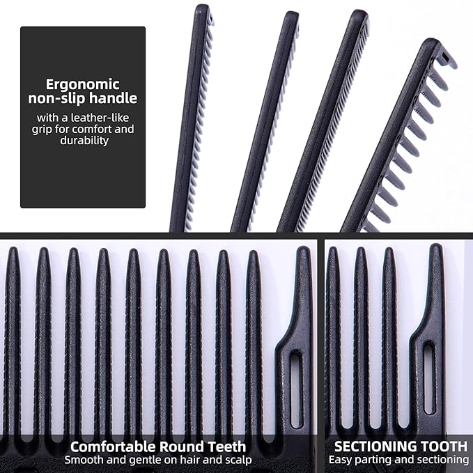 PERFEHAIR 2-Pack Professional Round Tooth Hair Cutting Comb - 7 Inch, Black Carbon Fiber Anti-Static & Heat Resistant, Durable Barber Combs with Fine & Wide Tooth for Precise Haircut for Men & Women