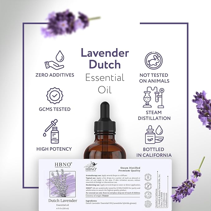 HBNO California Bottled Dutch Lavender Essential Oil 4 fl oz (120ml) - Natural Lavender Oil for Skin, Perfect for Cleaning, Aromatherapy, DIY & Diffuser