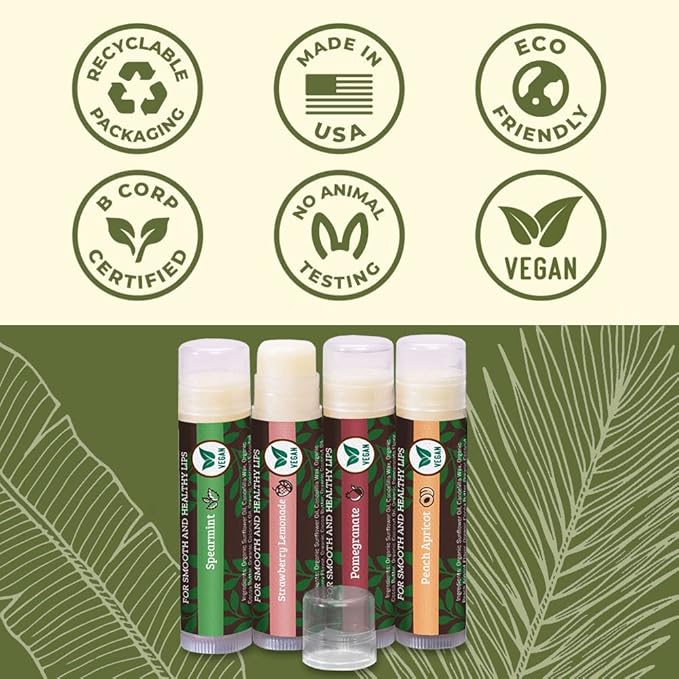 Vegan Lip Balm by Earth’s Daughter, Beeswax Free Lip Balm, Natural, Organic Flavors - 4 Pack of Assorted Flavors, Plant Based Vegan Chapstick, Lip Moisturizer