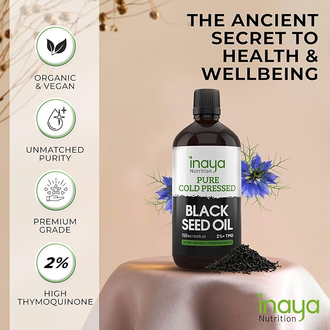 Nigella Sativa Black Seed Oil – Pure Cold-Pressed with 2% Thymoquinone | Egyptian Sourced | Nutrient-Rich for Overall Wellness, Hair & Skin Care | 30 Servings in Glass Bottle