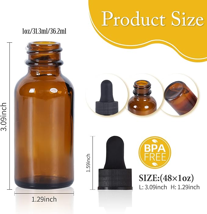 1 oz Dropper Bottle 48 Pack Amber Glass Boston Bottles 30ml with Eye Droppers Black Caps for Essential Oils, Perfume, Leak Proof Travel Bottles for Liquids