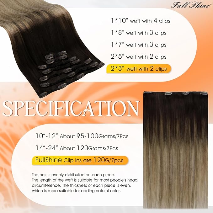 Full Shine Clip in Hair Extensions Ombre Human Hair Dark Brown to Ash Brown With Blonde Real Hair Extensions Clip ins 14 Inch 7 Pcs 120 G