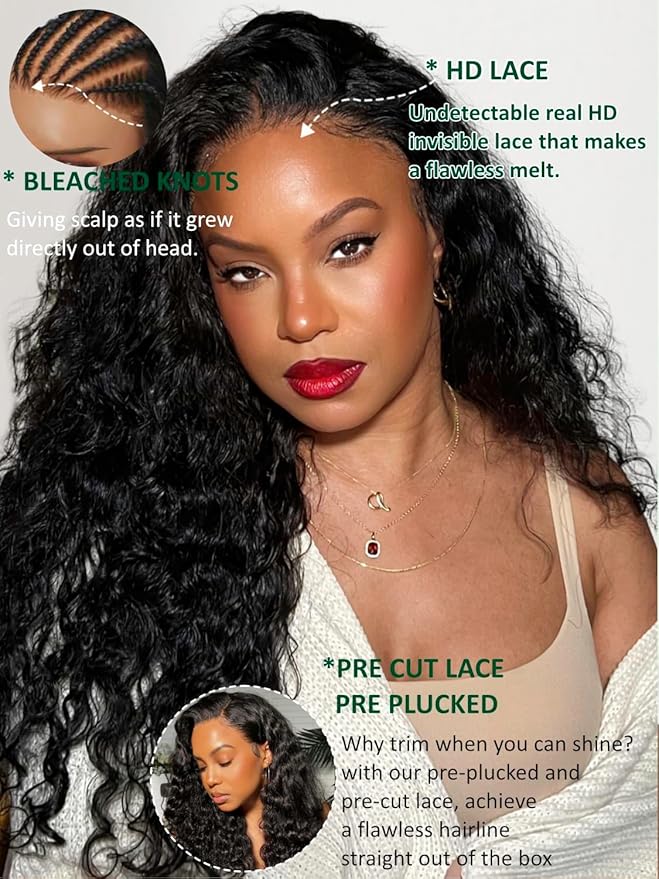 KLAIYI Water Wave Pre Everything Glueless 13x4 Lace Front Wigs Human Hair Precut Lace Pre Plucked Pre Bleached Bye Bye Knots Curly Wear and Go Beginners Wig with Drawstring 30S Ready to Wear 16Inch
