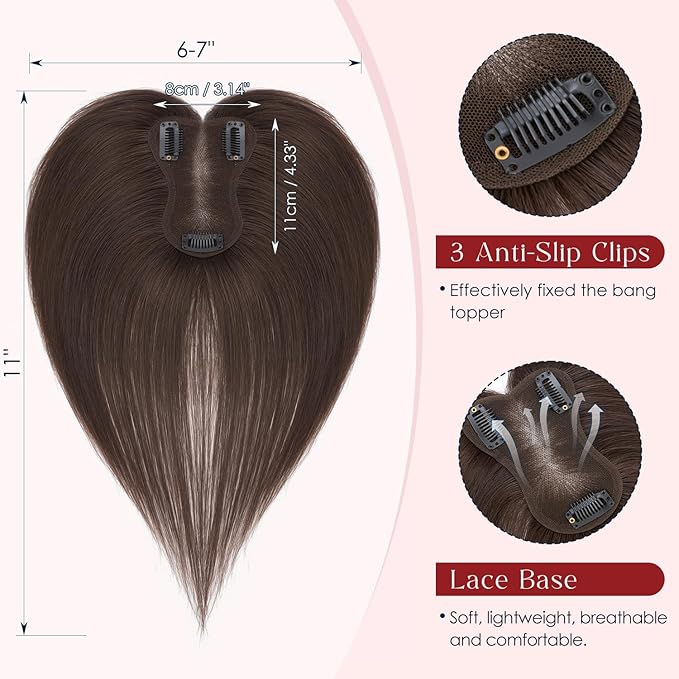 Human Hair Topper with Bangs for Women, 360° Cover Clip in Curtain Bangs Hair Toppers Hair Piece Dark Brown-3.15x4.33 Hand-tied Base (Dark Brown)