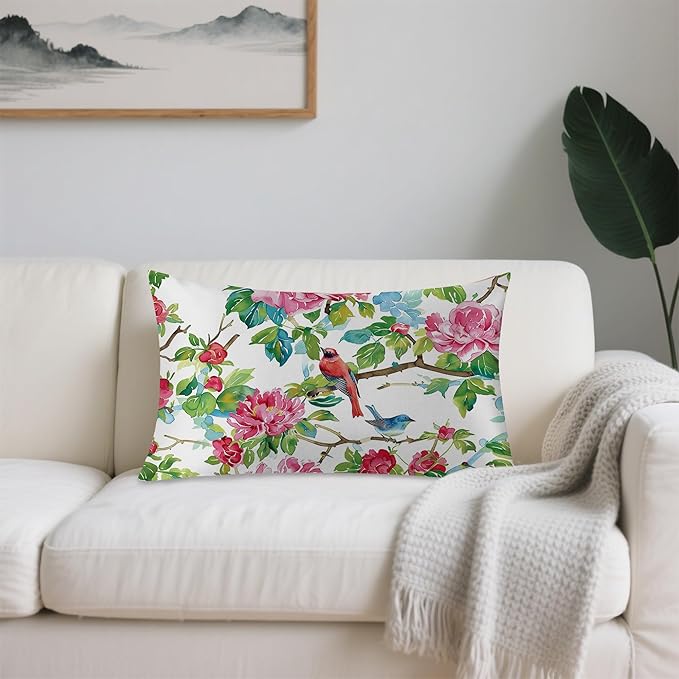 Satin Pillowcase 1 Pack-Pink Roses Flowers and Red Birds Silky Pillow Cover for Hair and Skin,King Size 20x36 Inch Soft Cooling Printed Pillow Cases with Hidden Zipper,Gifts for Women Men