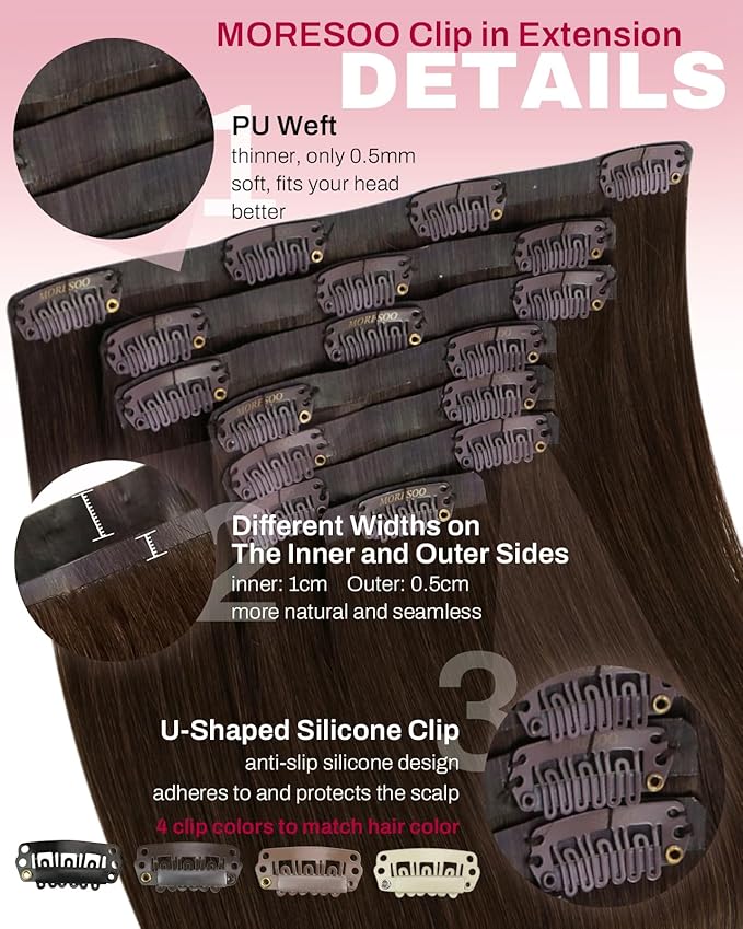Moresoo Brown Seamless Clip in Hair Extensions Human Hair Medium Brown Hair Extensions Clip ins Long for Women Pu Skin Double Weft 120g/7pcs 20 inch