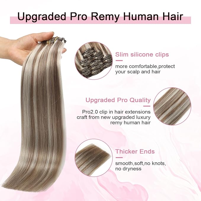 Pro2.0 Remy Real Human Hair Extensions Clip ins 120g Thick 7pcs Color #8p60 Brown Highlights Platinum Blonde Remy Clip in Hair Extensions Real Human Hair 16inch Double Weft（#8p60-16inch）