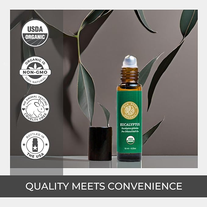Silk Road Organic Eucalyptus Essential Oil Roll On, 100% Pure USDA Certified - Respiratory Health, Colds, Cough, Sinus & Allergy Congestion - 10 ml Roller - Always Pure, Always Organic