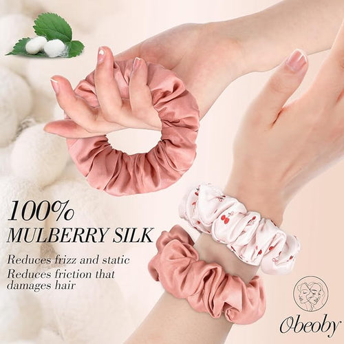 4Pcs Mulberry Silk Hair Scrunchies, Cherry Pink Silk Hair Ties for Hair Sleep Frizz Breakage Valentine's Galentines Day Gifts