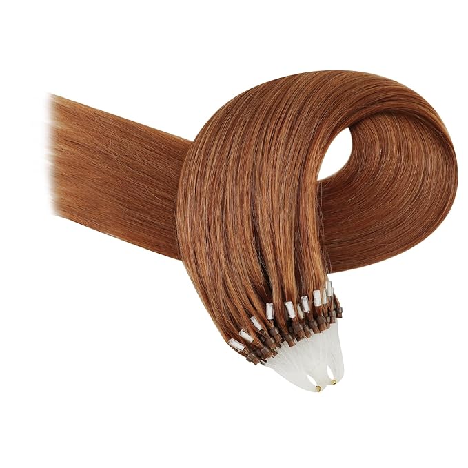YoungSee Micro Hair Extensions Auburn 16 Inch Micro Bead Hair Extensions Real Human Hair Copper Micro Ring Hair Extension Copper Micro-Link Human Hair Extension 25g 25s Pre Bonded Remy Hair for DIY