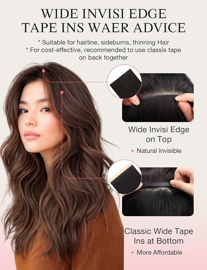 DOORES Invisi Edge Tape in Wide Hair Extensions Human Hair, Dark Brown 4PCS Injection Tape ins 20g 24 Inch, Virgin Human 3 Inch Wide Injected Extensions Invisible
