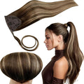 RUNATURE Human Hair Ponytail Extension, Balayage Ponytail Extension Human Hair, Straight Remy Hair Extensions with Magic Paste, 18 Inch 80g #4/27/4 Medium Brown with Honey Blonde Balayage
