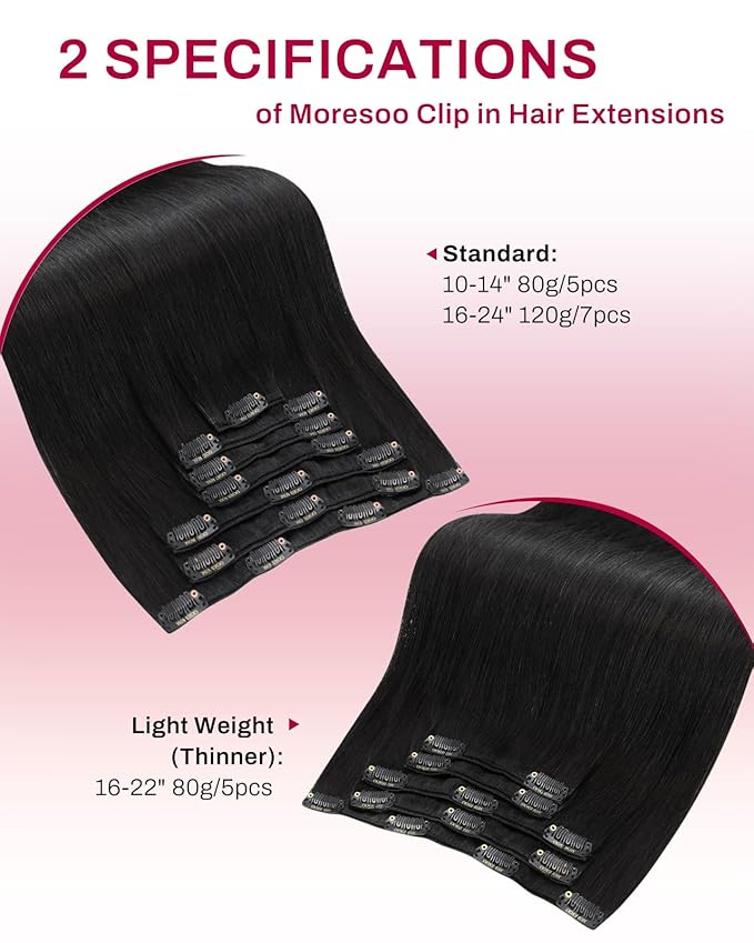 Moresoo Clip in Hair Extensions Real Human Hair Natural Black 5pcs 80g Remy Straight Invisible Lace Double Weft Natural Black Human Hair Clip in Extensions #1b 20inch