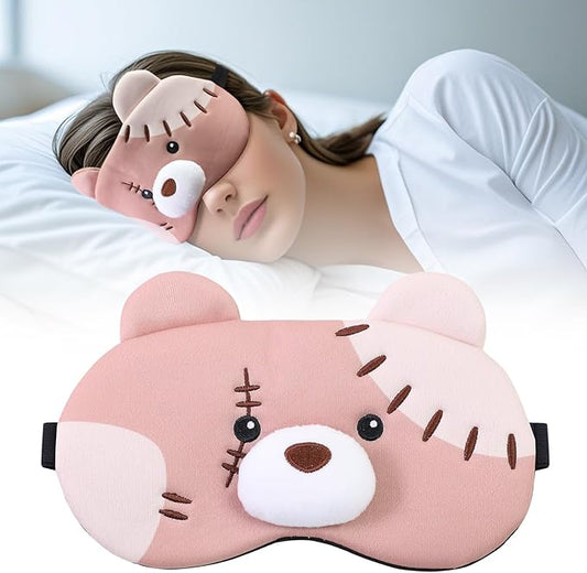 PERFECTSIGHT Sleep Eye Masks, Cute Plush Sleep Eye Cover Lightweight Adjustable Eyeshade Faux Fur Mask Cover for Women Men Kids Sleep Travel Nap, Big Eye Girl, Purple Nose, Brown Pudding Bear