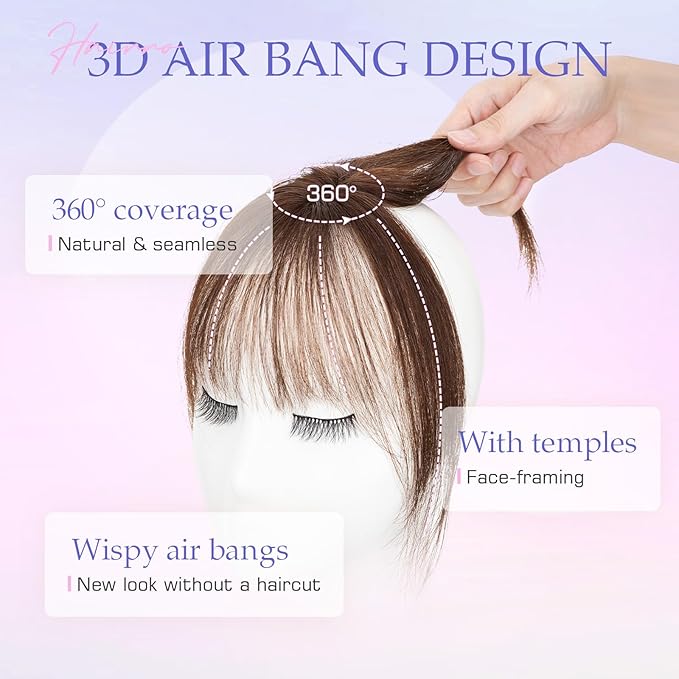 Hairro Bangs Hair Clip 3D 360°Cover Clip On Bangs Remy Human Hair Topper With Bangs Fringe French Bangs With Temples Clip In Bangs Hair Extensions 8 Inches 10g #02 Dark Brown