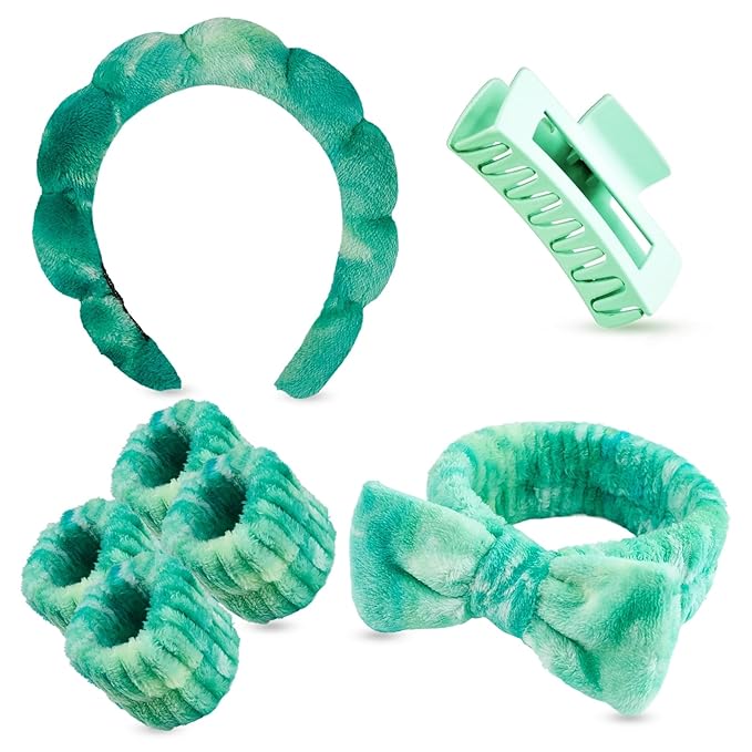 7 Pcs Spa Set, Facial Headband and Wristband Set, Skincare Accessories, College Style Girl Idea Gifts, Hair Accessories for Women and Girls (Tie Dye Green