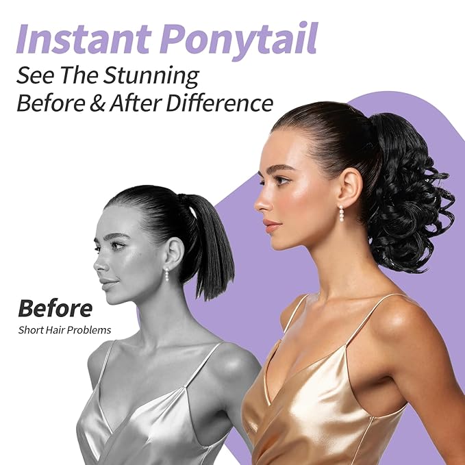 Black Ponytail Extensions,9" Short Curly Wavy Claw Clip Pony tails Hair Extensions Natural Soft Synthetic Hairpiece for Women
