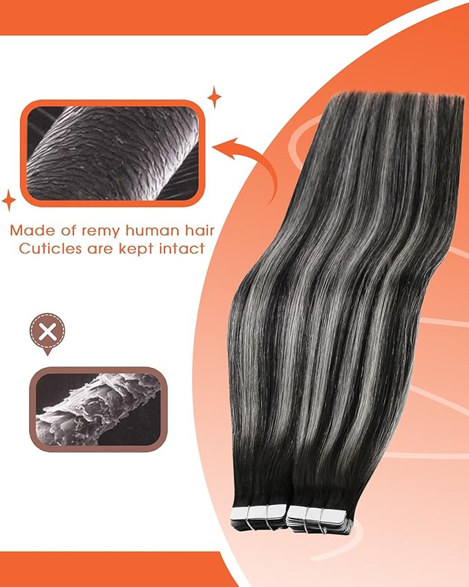 Sunny Hair Tape in Hair Extensions Real Human Hair Invisible Remy Hair Extensions Tape ins for Women Ombre Natural Black Root to Sliver Grey 20 inch 25G