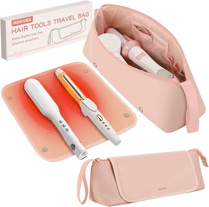 MOKURA Hot Hair Tools Travel Bag with Heat Resistant Mat, Women Hair Accessories Organizer Case, Storage Pouch for Curling Iron Straightener Flat Iron, Valentines Day Gifts for Women, Girlfriend, Pink