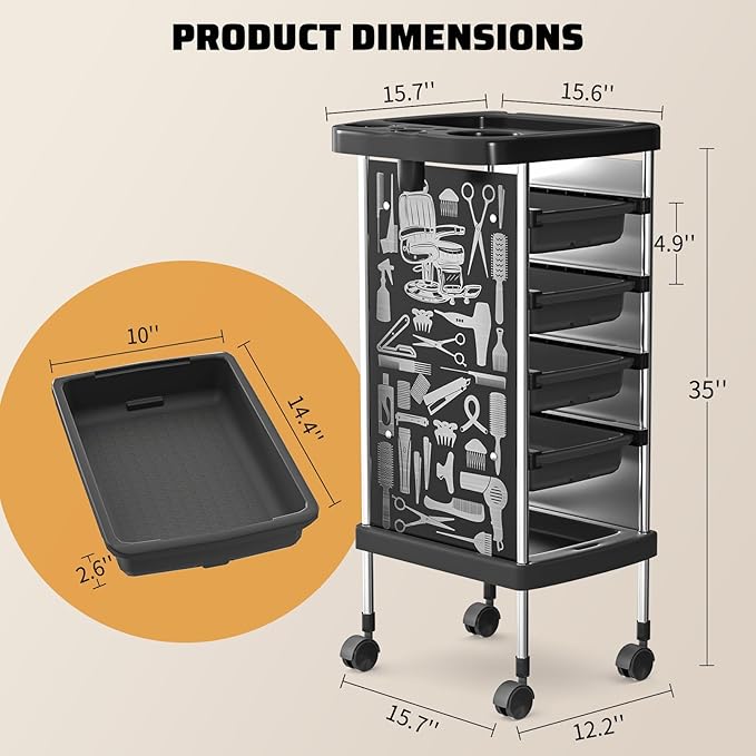 Salon Rolling Trolley with 4 Drawers/Heat-Resistent Accessories/Stainless Steel Frame Storage Tool for Barbershop Beauty Spa and Hair Salon Beauty Black