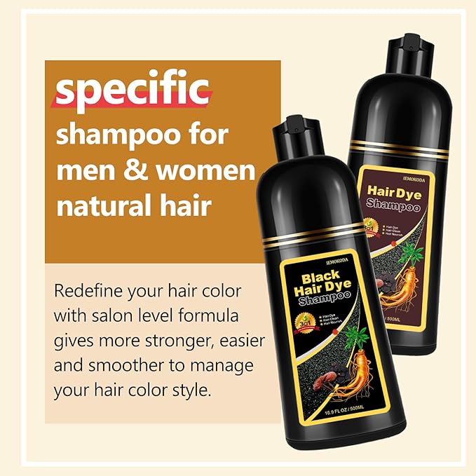Instant Black Hair Dye Shampoo, Natural 3-in-1 for Gray Coverage in 10-15 mins, Long-Lasting Color Effect for Women and Men, 16.9 Fl Oz (Black)