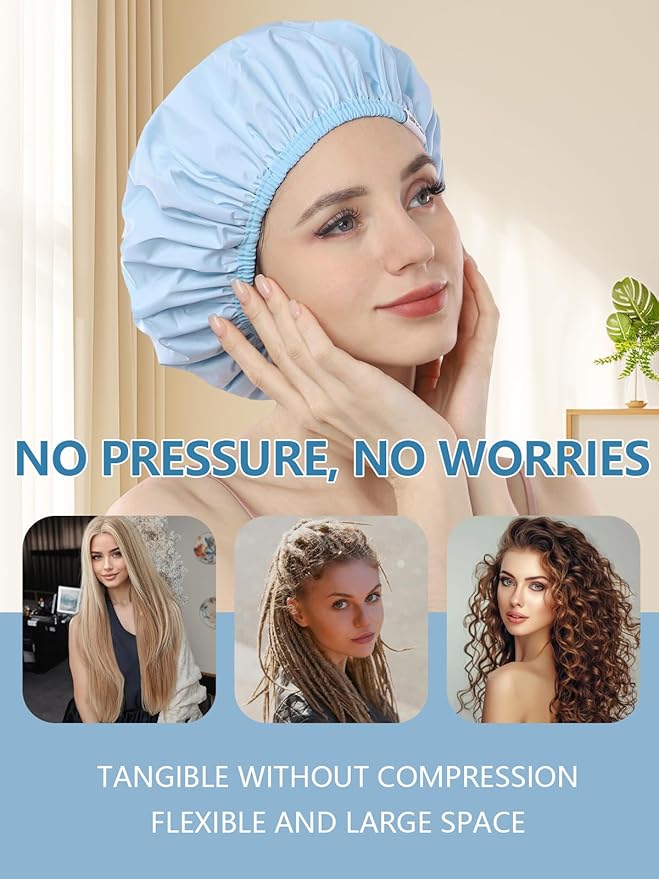 Years calm Shower Caps For Women Reusable Waterproof，Pattern And Solid Color Dual-Layer Design For Dual-Layer Usable，Protects Hair In Shower, Spa, Cooking, Clean & Travel (Blue, Extra Large)