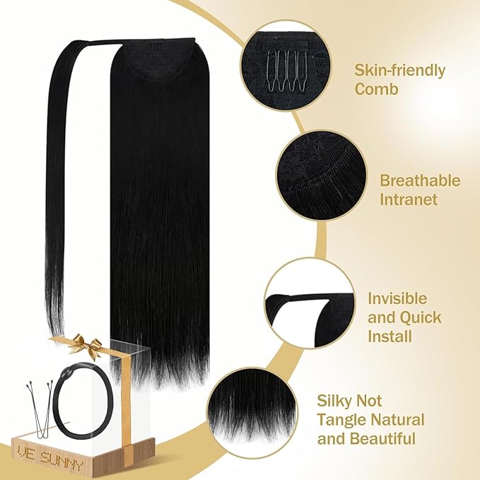 Ve Sunny Hair Extensions Ponytail Real Human Hair 80G Wrap Around Clip in Ponytail Hair Extensions Straight Extensions Human Hair for Women Jet Black 14inch