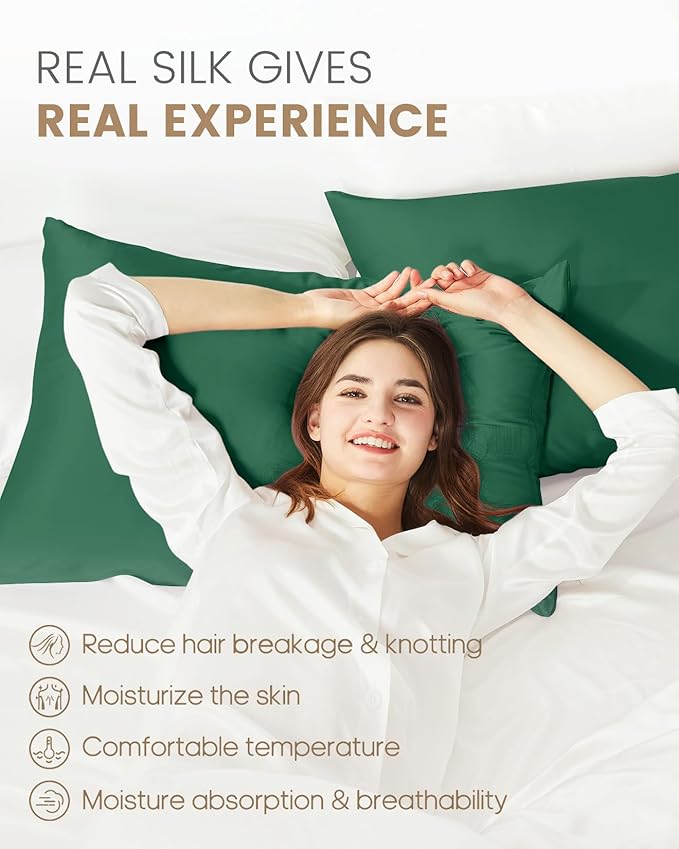 THXSILK Set of 2 100% Mulberry Silk Pillowcase for Hair and Skin, Grade 6A+ Mulberry Silk Pillow Cases Ultra-Soft, Hypoallergenic Pillow Case Cover with Zipper (California King 20"x40", Green)