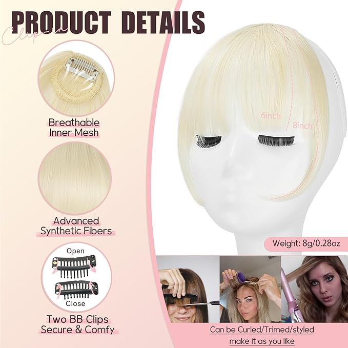 Clip in Bangs, Synthetic Wispy Bangs Hair Clip, Bleach Blonde Fake Bangs Fringe with Temples Hairpieces for Women Natural Curved Hair Extensions for Daily Wear