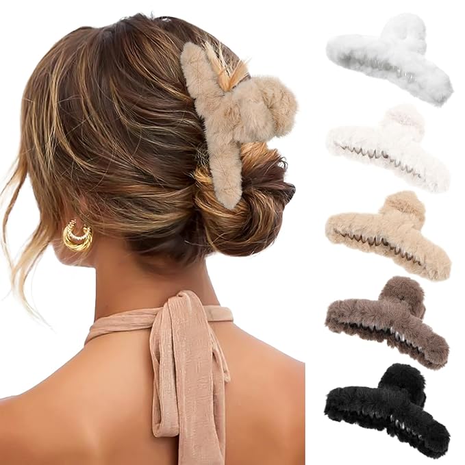 5PCS Large Claw Hair Clips for Thick Hair Big Banana Hair Clips for Women Nonslip Strong Hold Hair Claw Clip Plush (White+Black+Beige+Brown+Coffee)